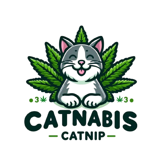 Logo Catnabis Catnip com gato e folhas verdes